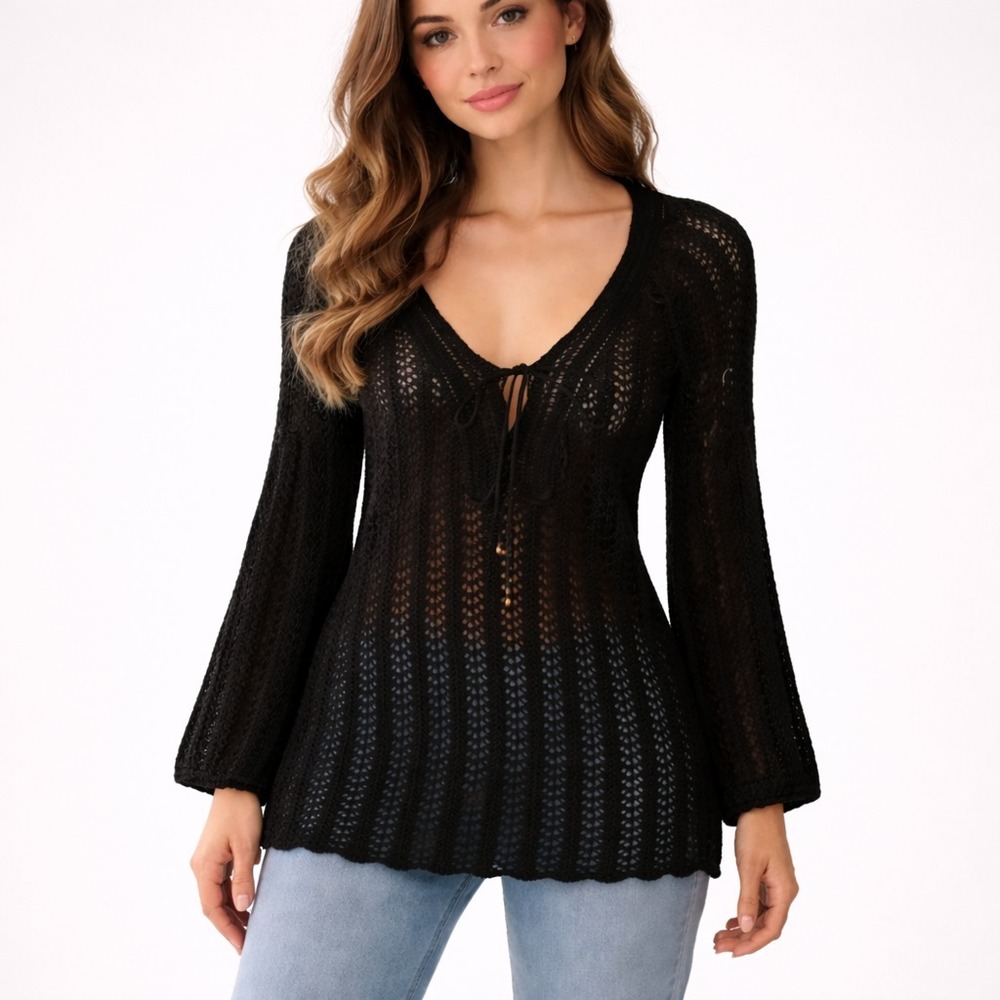 DKNY Jeans Black Crochet Open Knit Blouse Lace Up Whimsygoth Edgy Artsy SZ Small